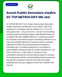 Proiectul 'Desființare construcții' titular SC TOP METROLOGY SRL se află în procedura de evaluare a impactului asupra mediului la APM