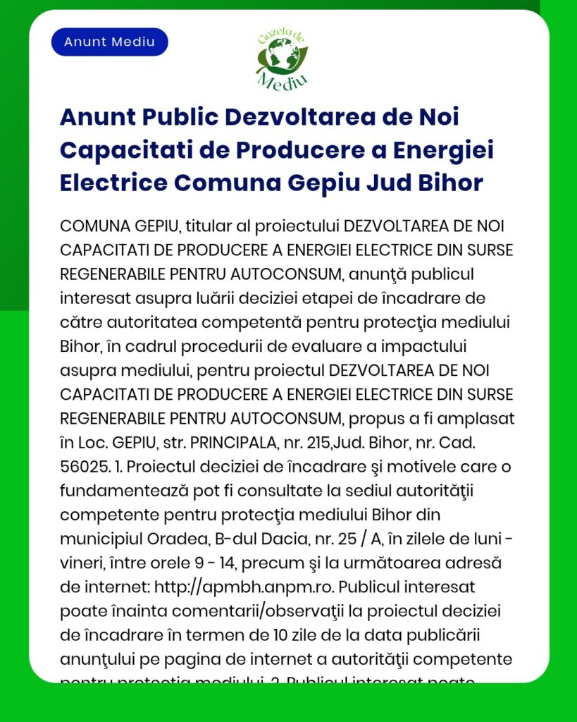 APM anunță solicitarea acordului de mediu pentru proiectul construire capacități noi de producere energie electrică din surse regenerabile în Gepiu Bihor