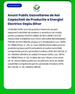 APM Bihor anunță depunerea solicitării de emitere a acordului de mediu pentru proiectul 'Construire centrală electrică fotovoltaică Gepiu județul Bihor' Titular [nume titular dacă este specificat textual]