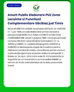 APM anunță elaborarea planului urbanistic zonal - Funcțiuni complementare de locuire localitatea Săcălaz județul Timiș identificat prin nr cad 412684 și nr cad 412682