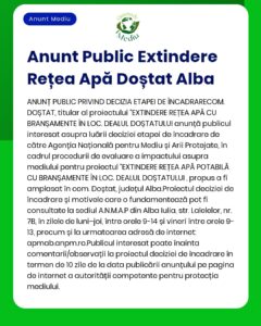Extindere rețea apă potabilă în localitatea Doștat județul Alba APM anunță depunerea solicitării de emitere a acordului de mediu pentru proiectul menționat și declanșarea etapei de încadrare conform HG nr 1076/2004 Observațiile se primesc la APM