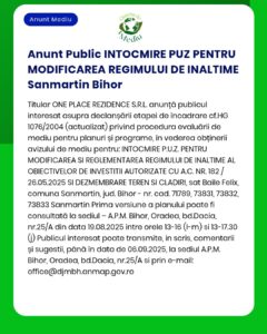 Anunț privind elaborarea unui PUZ pentru reglementarea înălțimii obiectivelor de investiții autorizate în Sânmartin Bihor