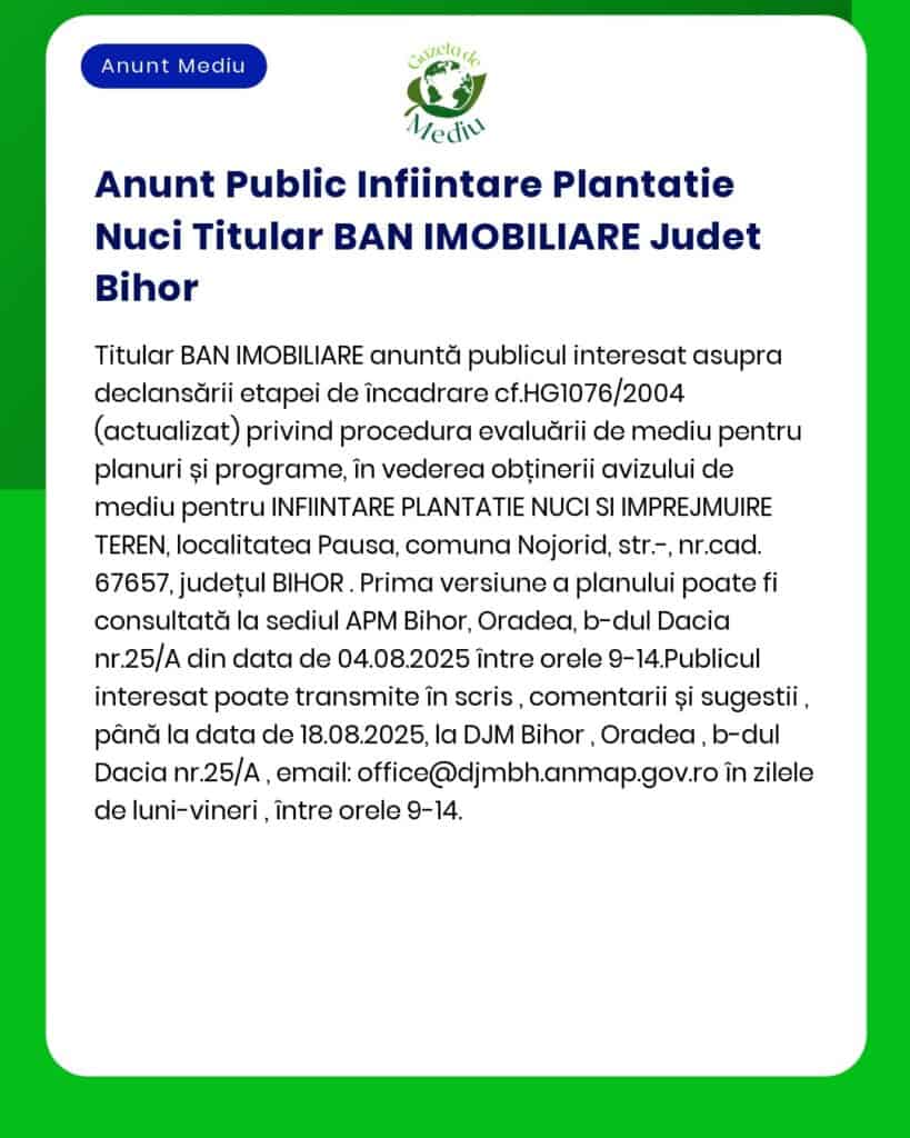 APM anunță decizia etapei de încadrare pentru proiectul 'Înființare plantație nuc' propus a fi amplasat în județul Bihor