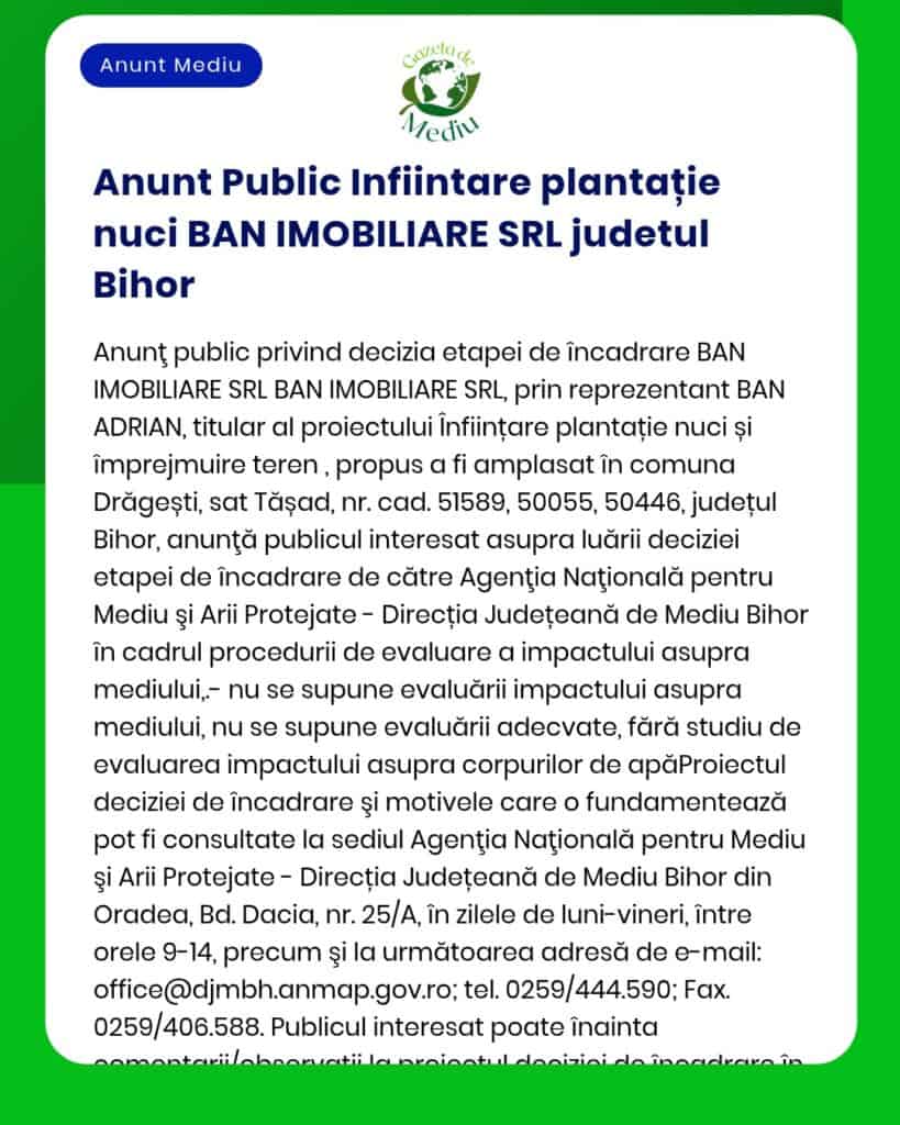 SC BAN IMOBILIARE SRL anunță intenția realizării unei plantații în județul Bihor conform procedurii stabilite de APM