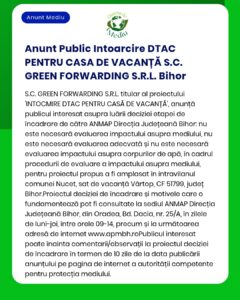 APM anunță demararea procedurii de evaluare a impactului asupra mediului pentru proiectul casă de vacanță propus de SC Green Forwarding SRL în județul Bihor