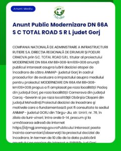 APM anunță depunerea solicitării de emitere a acordului de mediu pentru proiectul 'Modernizare DN 66A' jud Gorj cu desfășurarea procedurii de evaluare a impactului asupra mediului