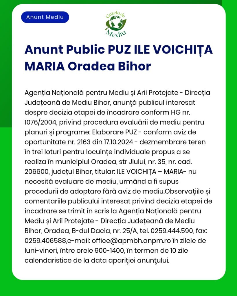 Planul Urbanistic Zonal pentru 'ILE VOICHIȚA MARIA' Oradea titular Voichița Maria procedură SU-8482/23052024 anunț APM Bihor