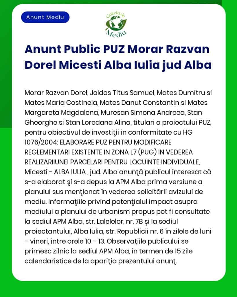 APM Alba anunță depunerea solicitării de emitere a acordului de mediu pentru proiectul 'PUZ - construire bază sportivă și împrejmuire teren' propus a fi amplasat în comuna Micești sat Micești județul Alba titular Morar Răzvan Dorel