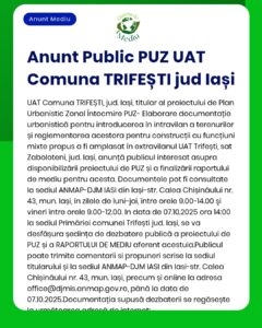 APM Iași anunță depunerea solicitării de emitere a acordului de mediu pentru PUZ UAT Trifești județul Iași