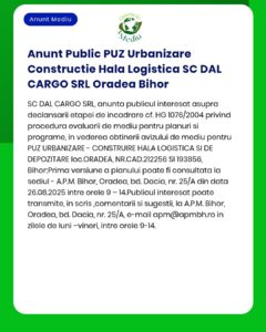 Anunț privind depunerea solicitării de emitere a acordului de mediu pentru proiectul construire hală logistică propus a fi amplasat în Oradea jud Bihor Observațiile se primesc la APM Bihor