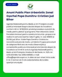 APM anunță decizia etapei de încadrare pentru 'PUZ - Zonă rezidențială' propus a fi amplasat în comuna Oșorhei județul Bihor