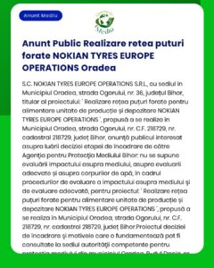 NOKIAN TYRES EUROPE OPERATIONS SRL anunță intenția de realizare rețea puțuri forate apă subterană în Oradea județul Bihor Proiectul va fi supus procedurii de evaluare APM