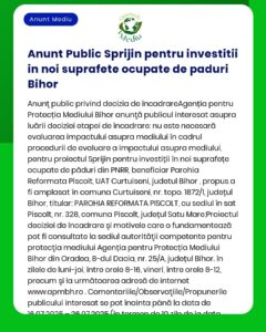 Anunț public privind depunerea solicitării de emitere a acordului de mediu pentru proiectul 'Împădurirea terenurilor agricole în județul Bihor' titular UAT Comunele respective