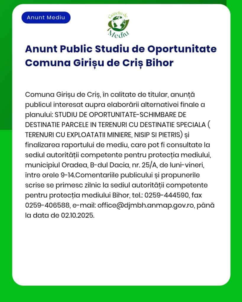 APM Bihor anunță elaborarea studiului de oportunitate pentru schimbarea de destinație a terenului în localitatea Girișu de Criș