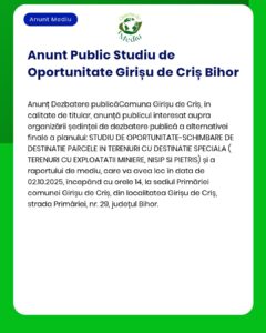 APM anunță elaborarea unui studiu privind schimbarea destinației terenului în Girișu de Criș județul Bihor Întâlnirea are loc la primărie în data de 2 octombrie 2025