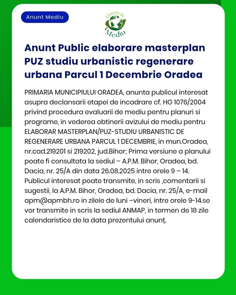 Plan urbanistic zonal - regenerarea Parcului 1 Decembrie Oradea titular Municipiul Oradea cod proiect SMIS 123456