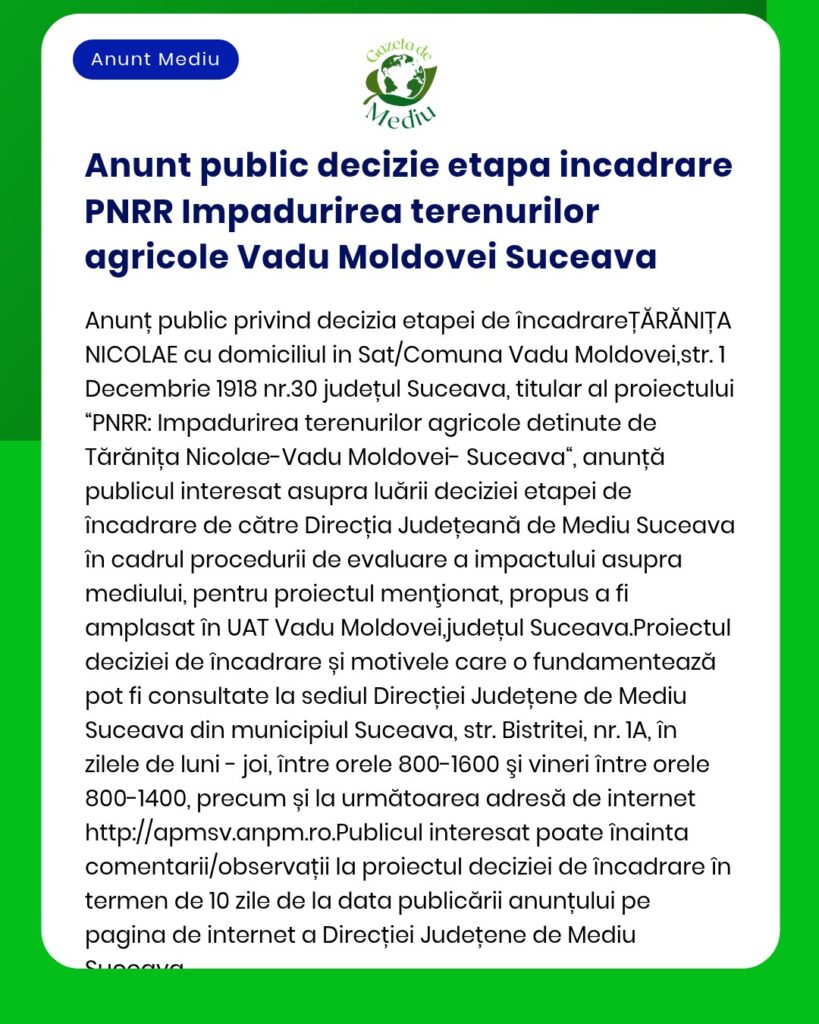 APM anunță finalizarea etapei de încadrare pentru planul privind clasarea terenurilor agricole în Vadu Moldovei Suceava în cadrul PNRR