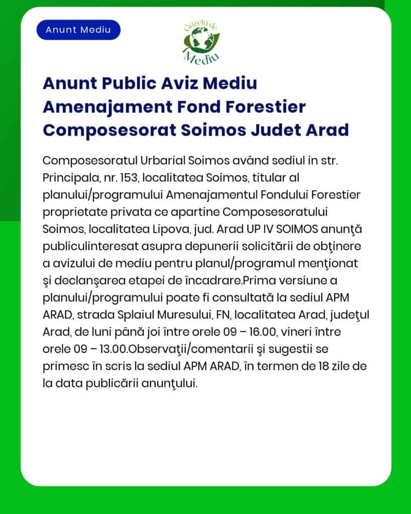 Anunt Public Aviz Mediu Amenajament Fond Forestier Composesorat Soimos
