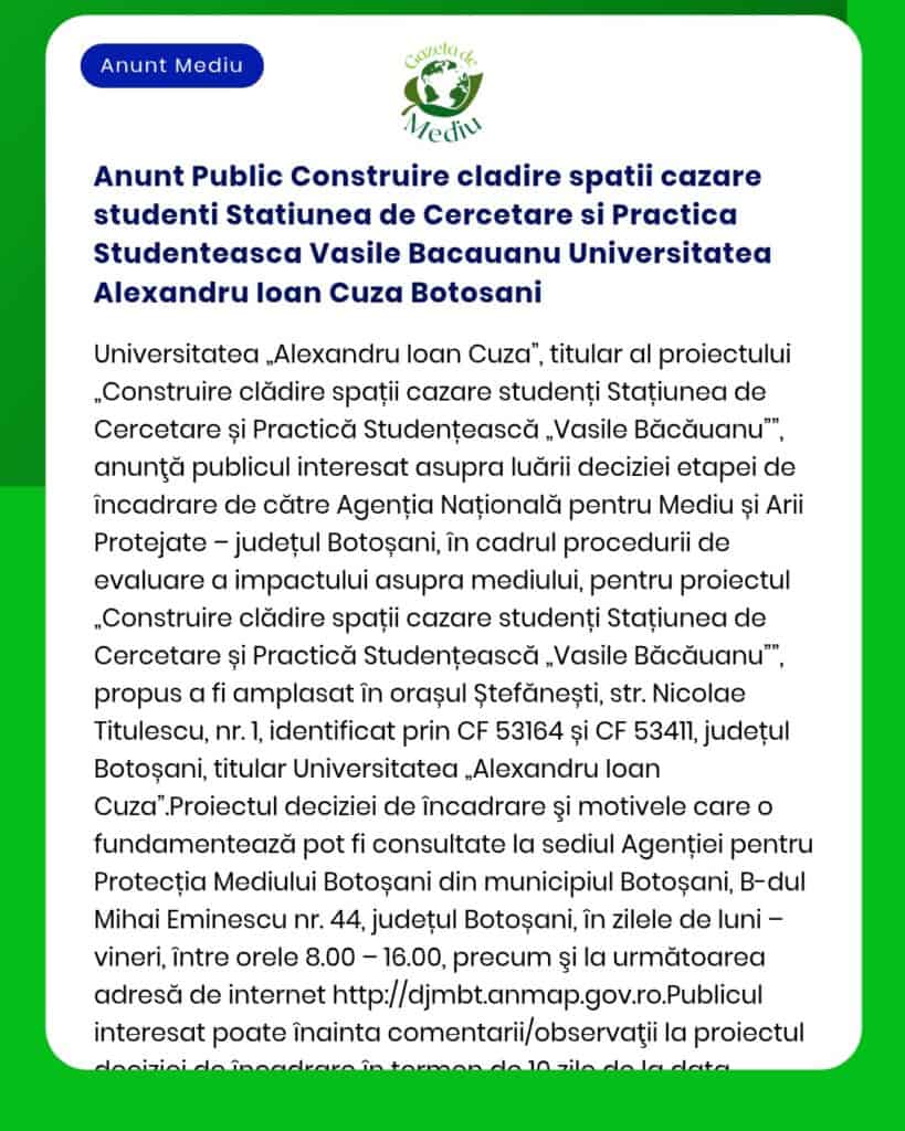 Anunt Public Construire cladire spatii cazare studenti Statiunea de Ce