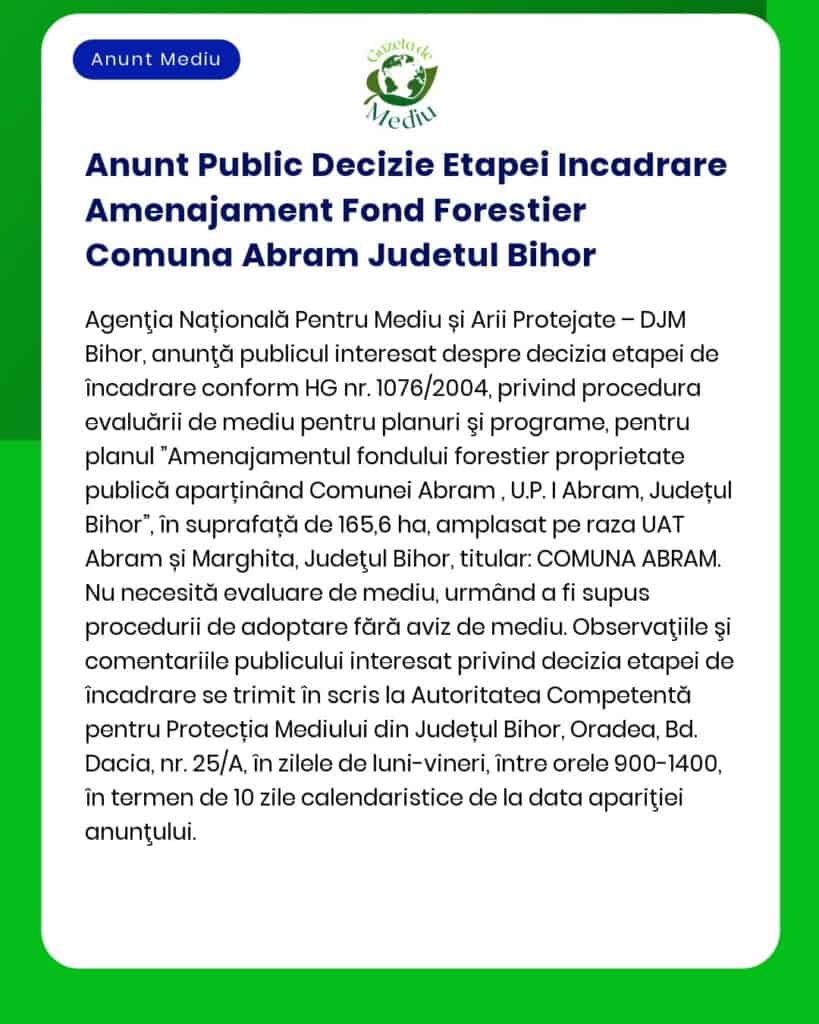 Anunt Public Decizie Etapei Incadrare Amenajament Fond Forestier Comun