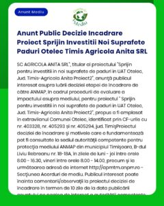 Anunt Public Decizie Incadrare Proiect Sprijin Investitii Noi Suprafet