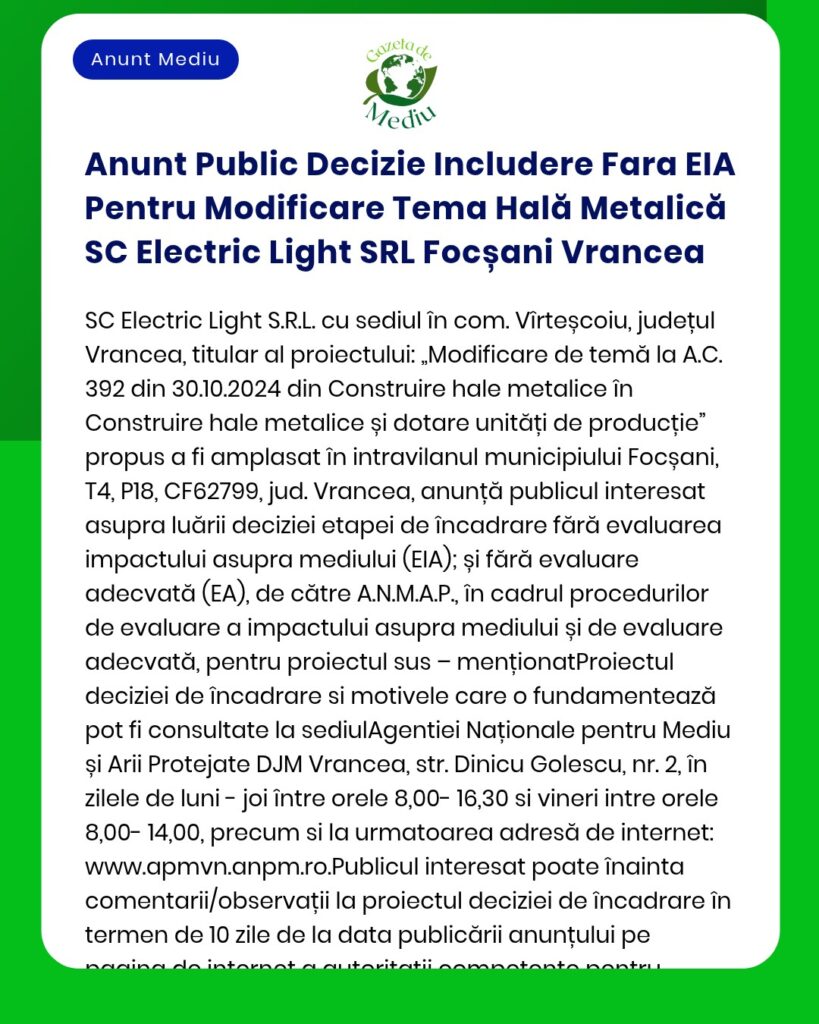 Anunt Public Decizie Includere Fara EIA Pentru Modificare Tema Hală Me