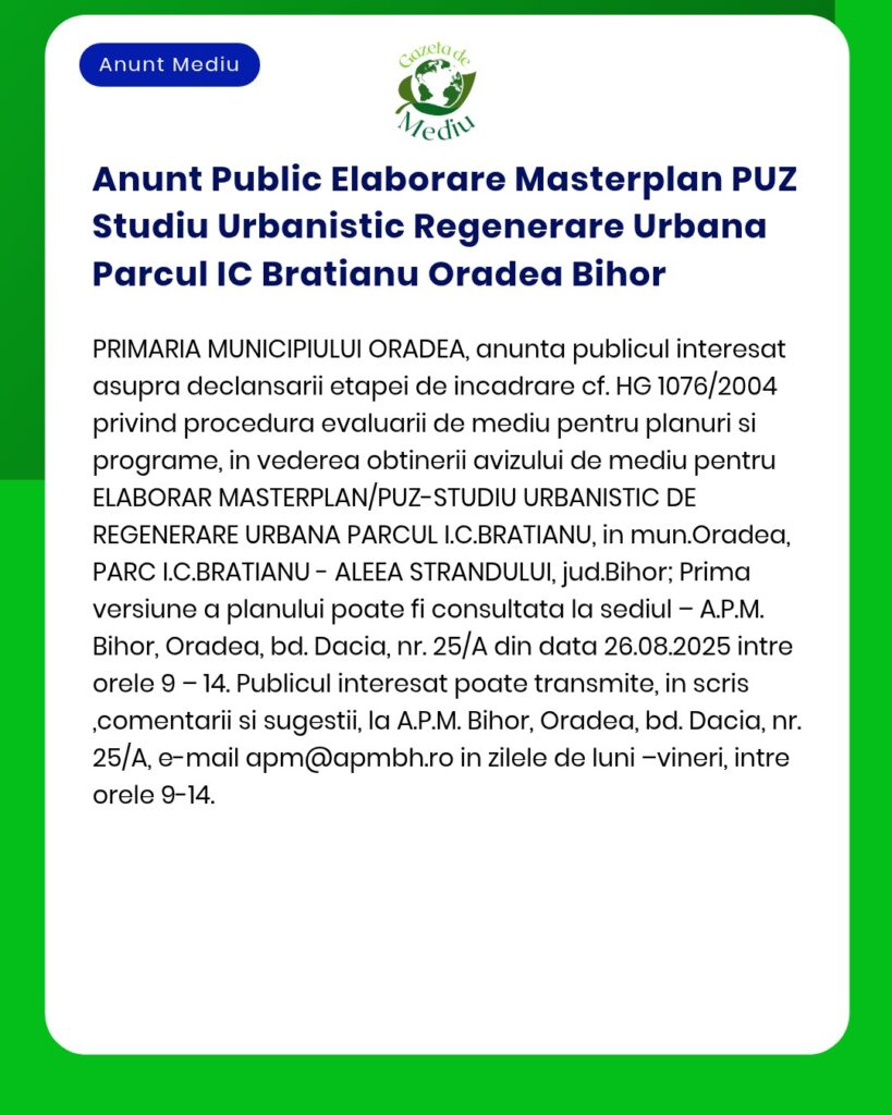 Anunt Public Elaborare Masterplan PUZ Studiu Urbanistic Regenerare Urb