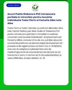 Anunt Public Elaborare PUZ introducere partiala in intravilan pentru l