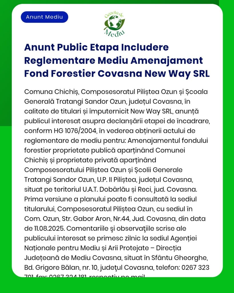 Anunt Public Etapa Includere Reglementare Mediu Amenajament Fond Fores
