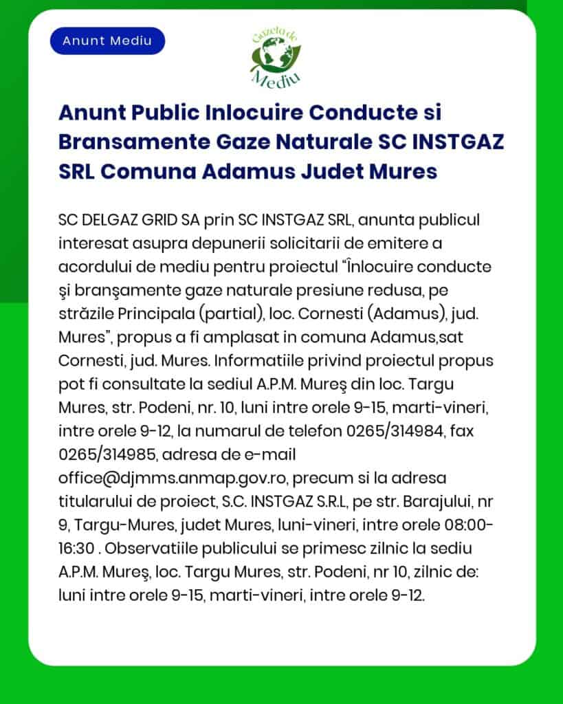 Anunt Public Inlocuire Conducte si Bransamente Gaze Naturale SC INSTGA