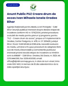 Anunt Public PUZ Creare drum de acces Ivan Mihaela Ionela Oradea Bihor