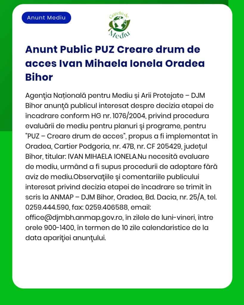 Anunt Public PUZ Creare drum de acces Ivan Mihaela Ionela Oradea Bihor