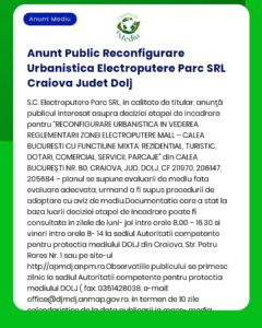 Anunt Public Reconfigurare Urbanistica Electroputere Parc SRL Craiova
