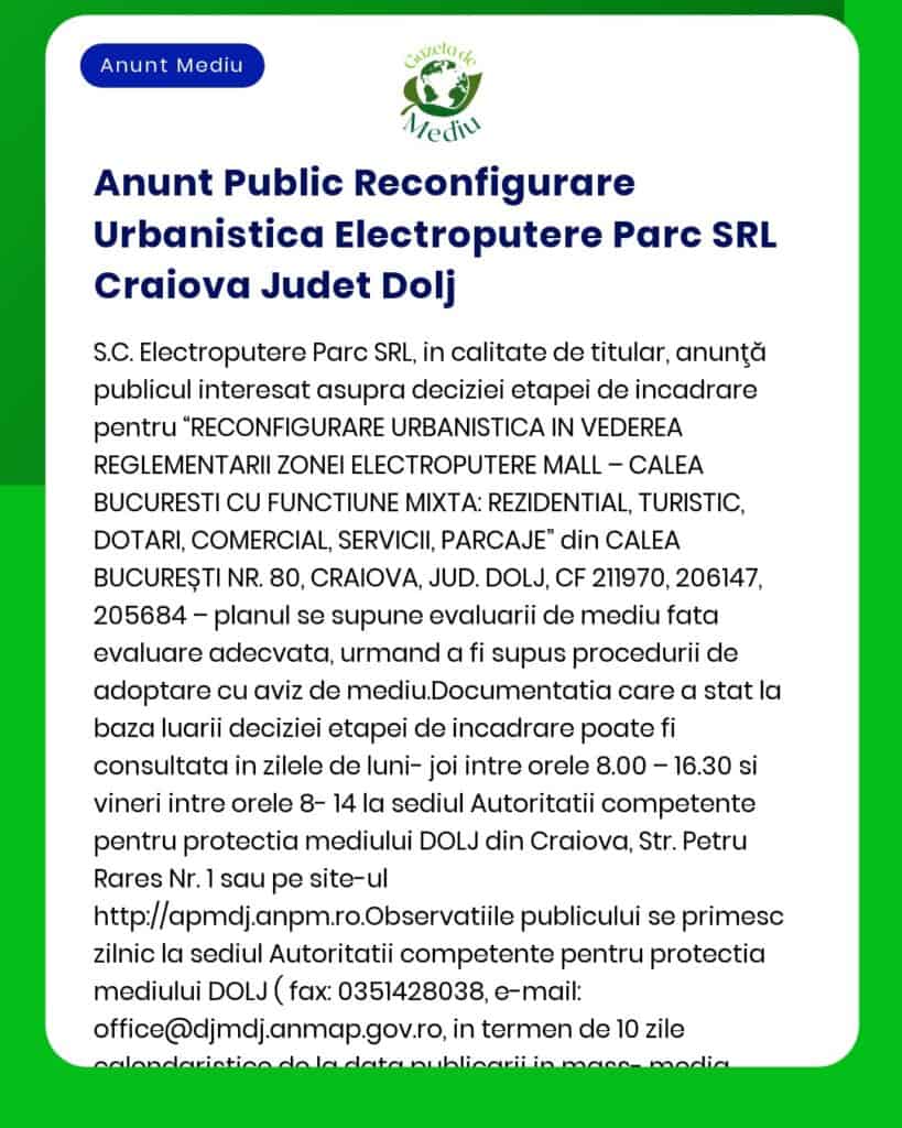 Anunt Public Reconfigurare Urbanistica Electroputere Parc SRL Craiova