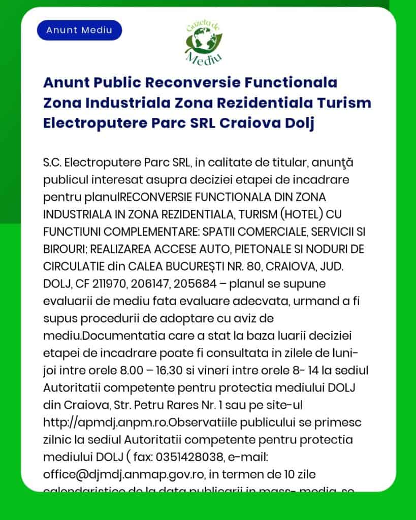 Anunt Public Reconversie Functionala Zona Industriala Zona Rezidential