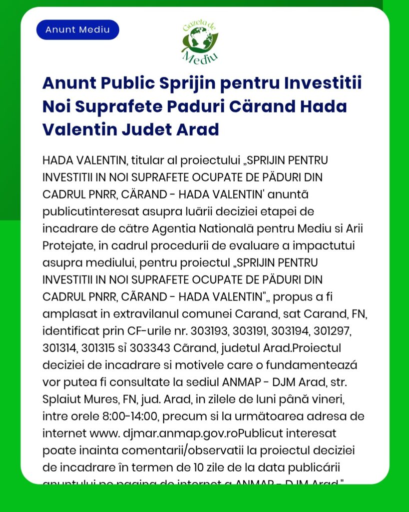 Anunt Public Sprijin pentru Investitii Noi Suprafete Paduri Cärand Had