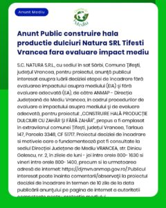 Anunt Public construire hala productie dulciuri Natura SRL Tifesti Vra