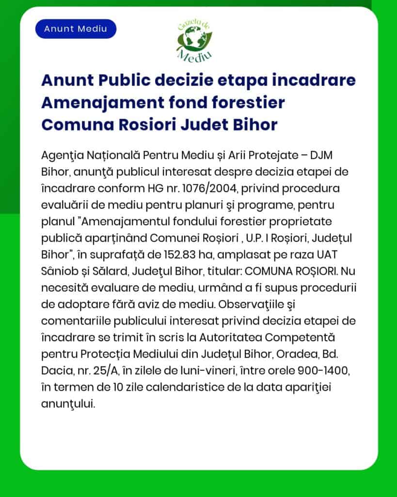 Anunt Public decizie etapa incadrare Amenajament fond forestier Comuna
