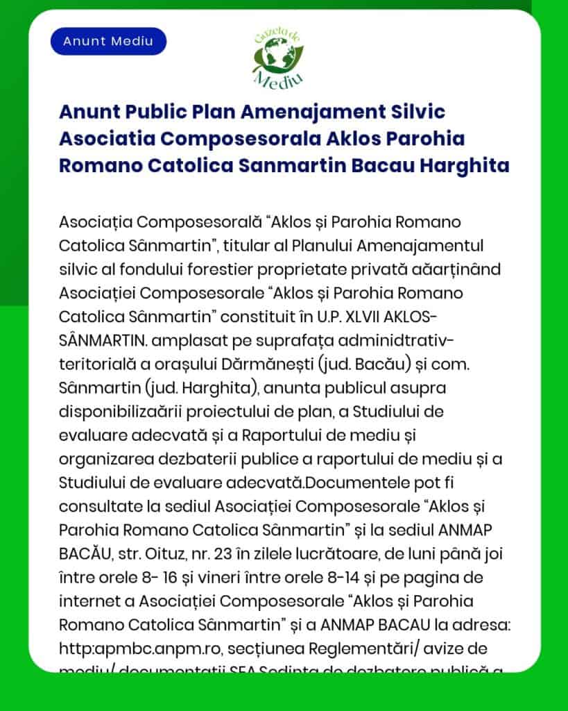 Anunt Public Plan Amenajament Silvic Asociatia Composesorala Aklos Par