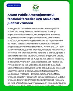 APM anunță depunerea solicitării de emitere a acordului de mediu pentru proiectul propus de BVU AGRAR SRL în județul Vrancea