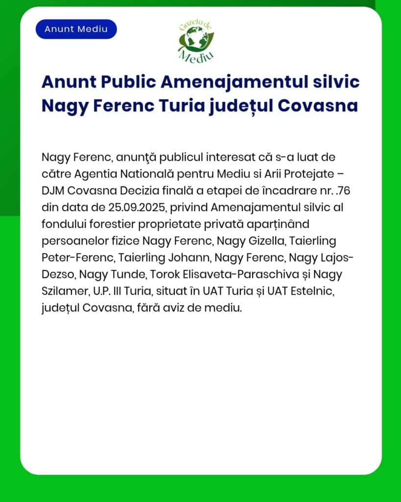 Plan de amenajament silvic pentru fondul forestier proprietate privată aparținând lui Nagy Ferenc UP Turia județul Covasna Titular Nagy Ferenc
