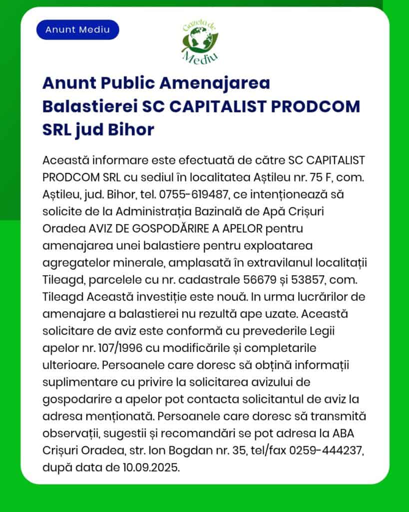 SC CAPITALIST PRODCOM SRL anunță depunerea solicitării pentru proiectul 'Construire amenajare lac balastieră în extravilanul localității Tileagd jud Bihor' pe terenuri cu nr cad 50189 50218 la APM Bihor