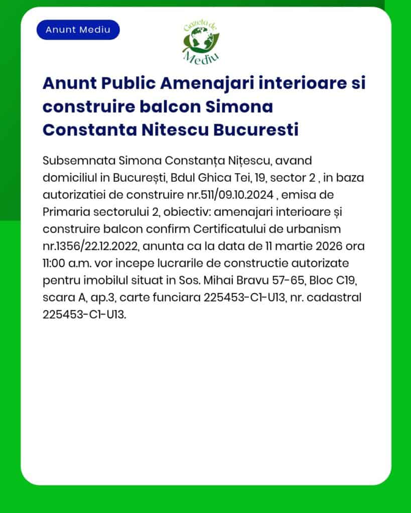Anunț privind realizarea de modificări interioare și construire balcon
