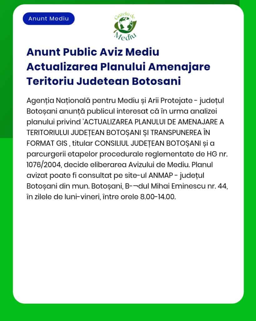 Anunț privind actualizarea planului de amenajare a teritoriului la nivelul județului Botoșani