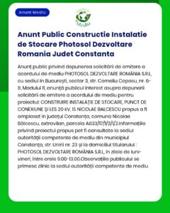 APM Constanța anunță depunerea solicitării de emitere a acordului de mediu pentru proiectul construire instalație fotovoltaică de stocare energie propus a fi amplasat în județul Constanța