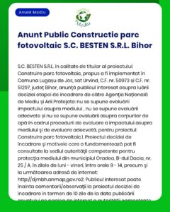 SC BESTEN SRL anunță depunerea solicitării de emitere a acordului de mediu pentru proiectul 'Construire parc fotovoltaic' propus a fi amplasat în extravilanul localității