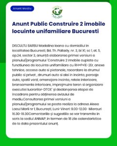 Se propune construirea a două clădiri rezidențiale individuale cu regim de înălțime parter pe un teren situat în București Documentația este depusă la APM