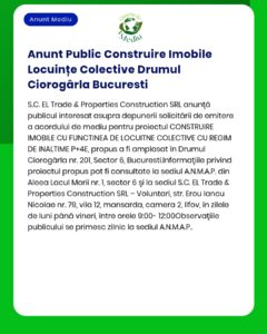 Construire locuințe colective Drumul Ciorogârla București Titular SC El Trade & Properties Construction SRL Anunț depus la APM pentru obținerea acordului de mediu