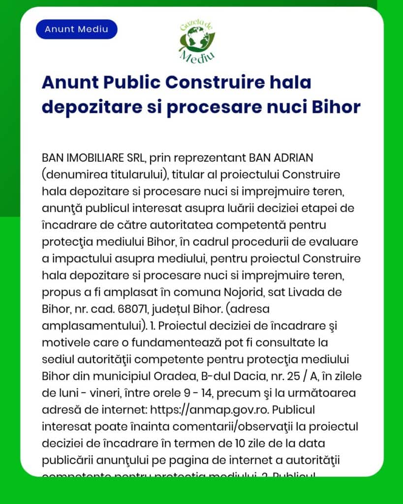 APM anunță demararea procedurii de evaluare a impactului asupra mediului pentru proiectul construire spațiu depozitare și procesare nuci în localitatea Nojorid județul Bihor