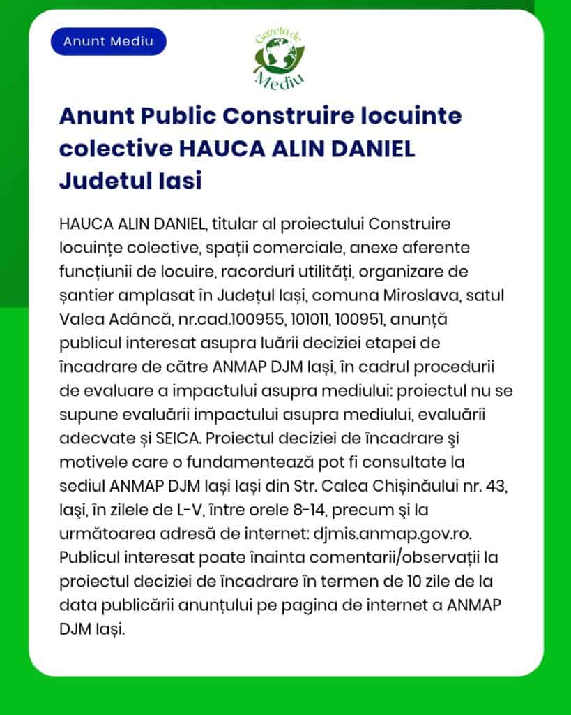 Anunț privind construirea de locuințe colective în județul Iași